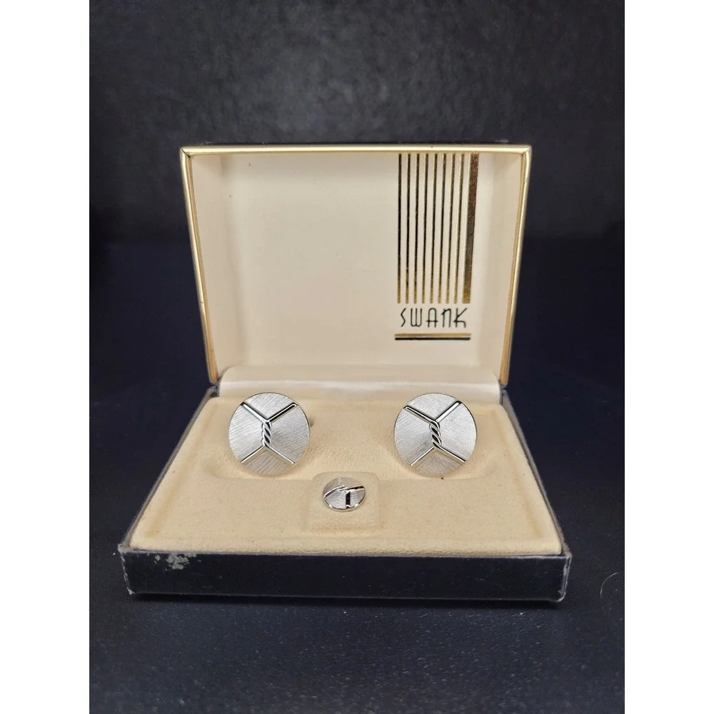 Swank Cufflinks Tie Tack Set Silver Tone Round Textured X Design Boxed